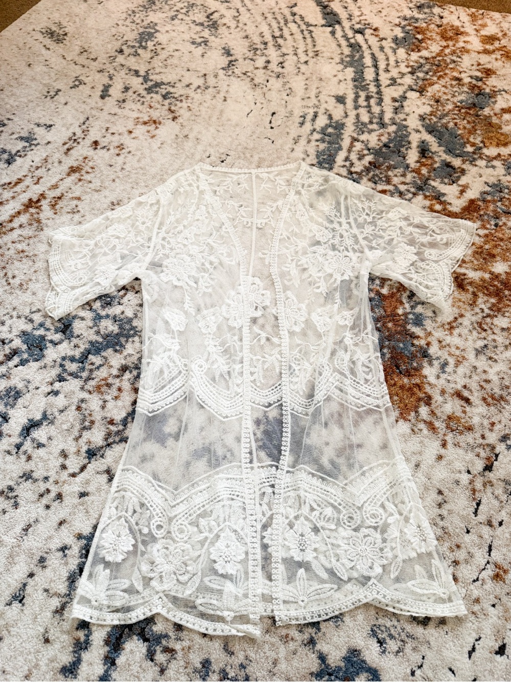 Cream Sheer Lace Kimono Cover-Up Western - Boho Large